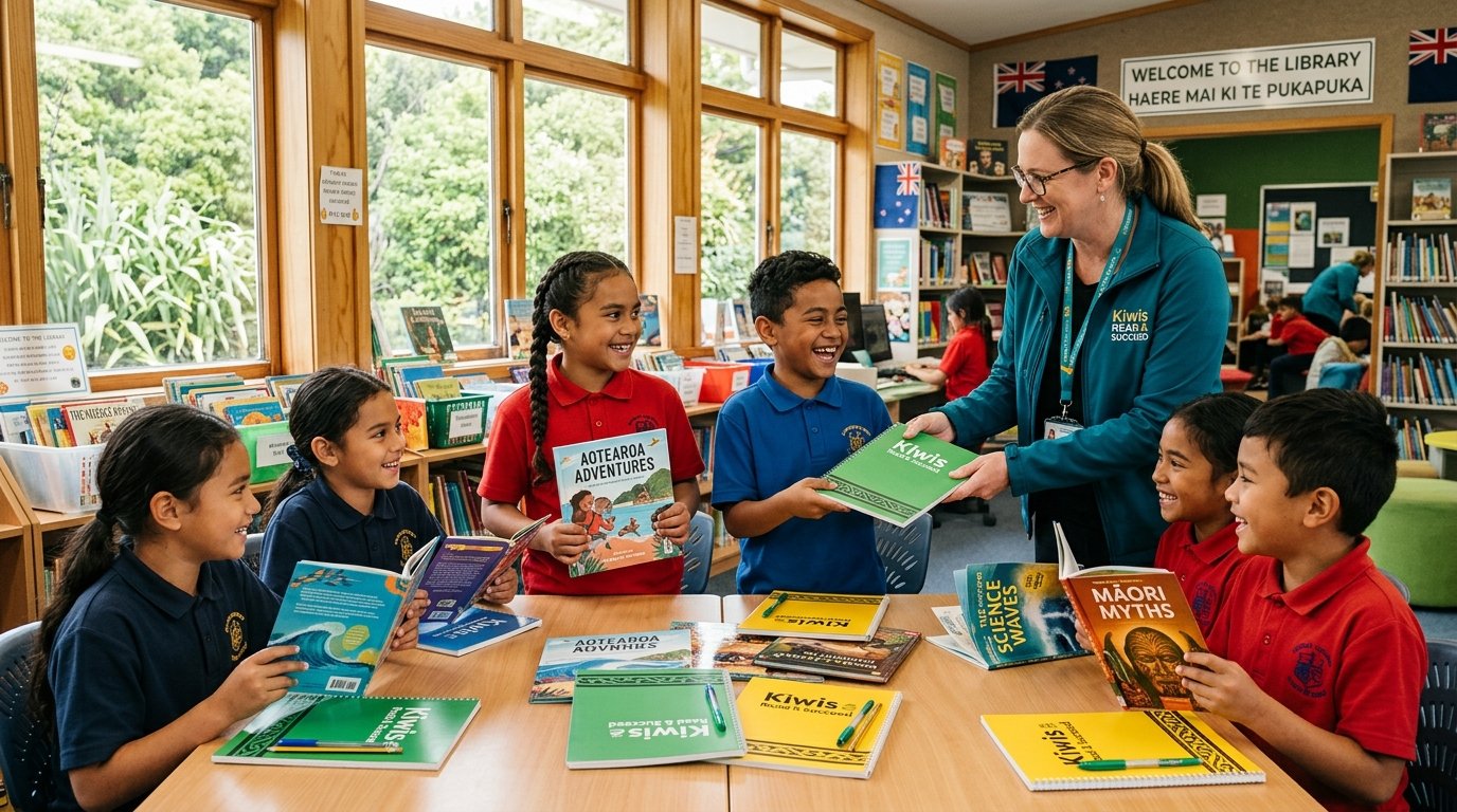 Students in library receiving educational books and learning kits