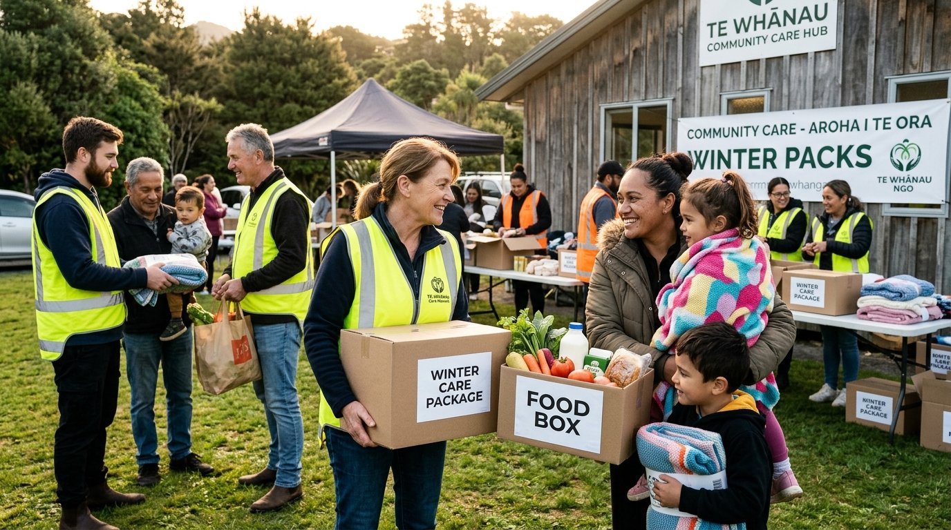 Community volunteers distributing food hampers and winter care packs in New Zealand